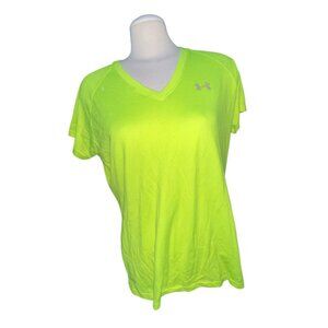 Under Armour Womens Neon Yellow V-Neck HeatGear Short Sleeve Shirt Sz Large Ligh